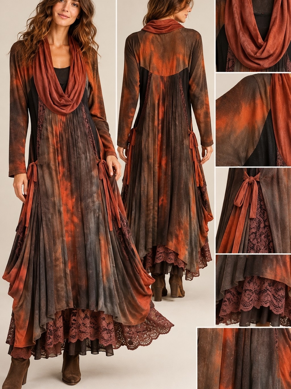 Boho Tie-Dye Rust & Brown Long Sleeve Maxi Dress Apron Style, XL